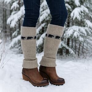 Sorel Women's SZ 11 Brown Gray Leather Crazy Cable Knit Sweater Wedge Boots Rare